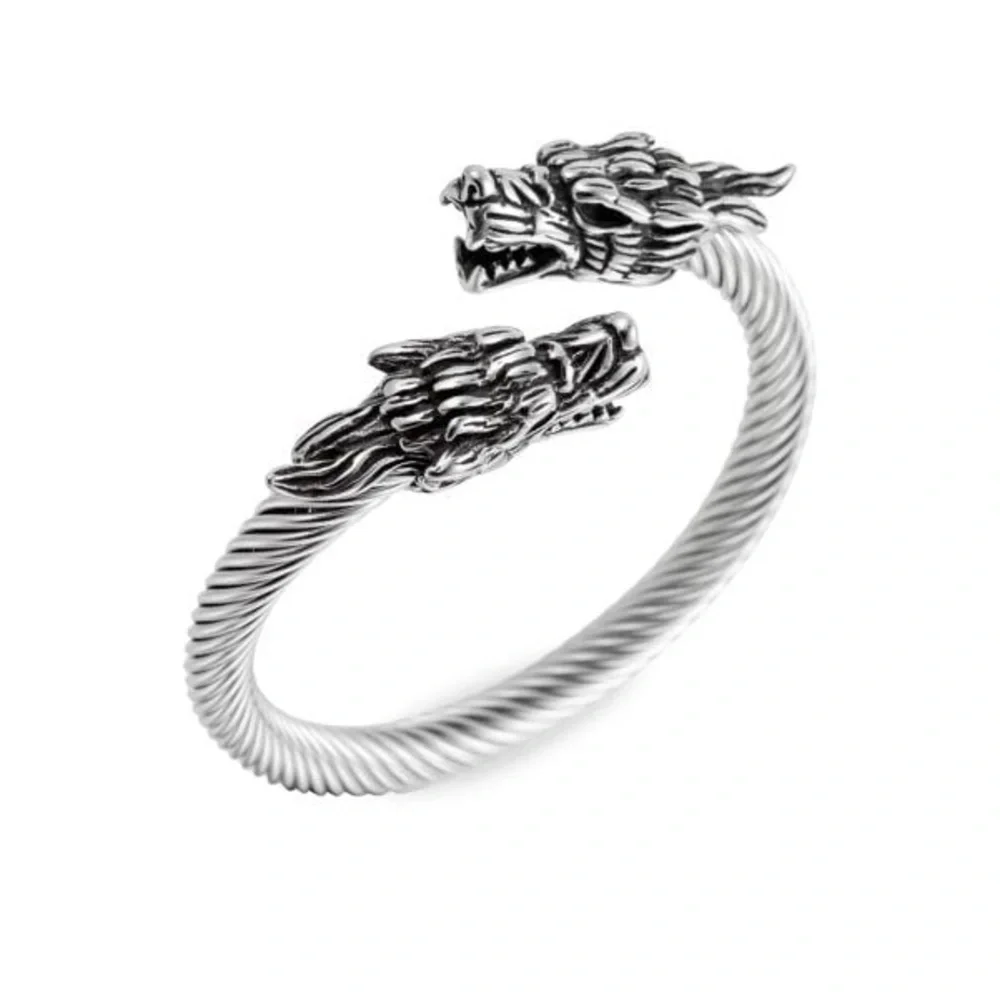 Eye Candy Los Angeles Double Dragon Titanium Silver Wire Bracelet, NIB